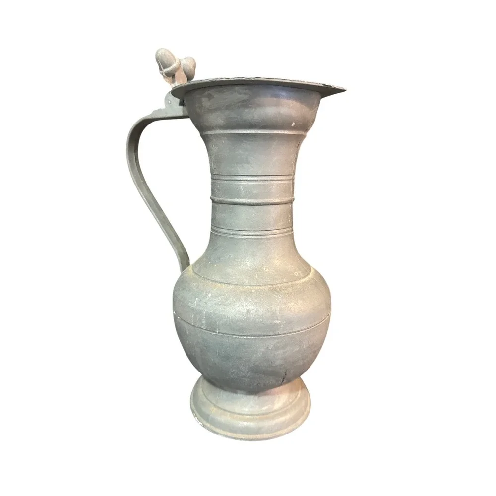 French Flagon Antique Pewter Pitcher Lidded‎ Wine Jug Acorn Thumbpiece Grey 8.5